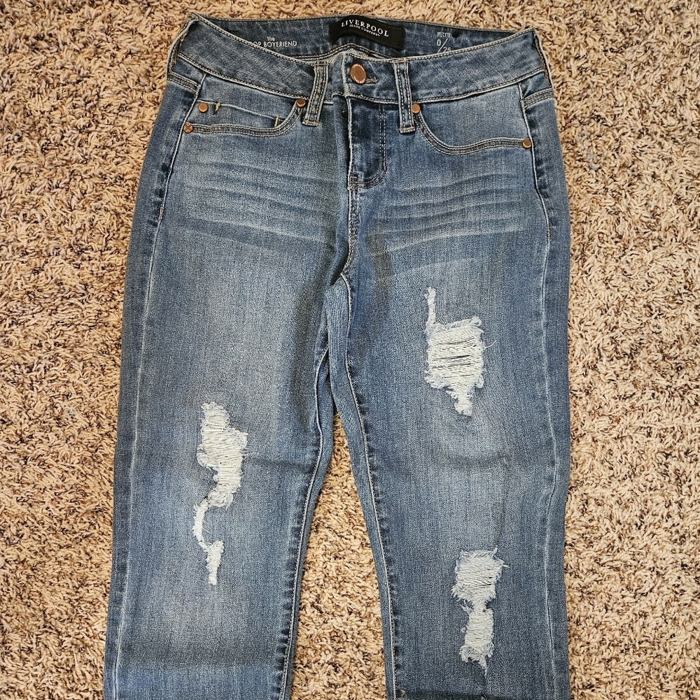 Liverpool Jeans Company Distressed Blue Boyfriend Crop Jeans